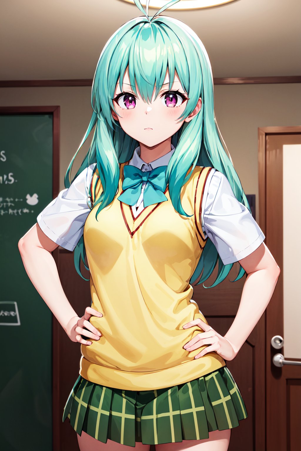 masterpiece, best quality, highres, aarej, solo, long hair, antenna hair, purple eyes, school uniform, green bowtie, white shirt, sweater vest, yellow vest, short sleeves, plaid skirt, green skirt,  <lora:run_elsie_jewelria_v1:0.7>, serious, hand on hip, indoors,