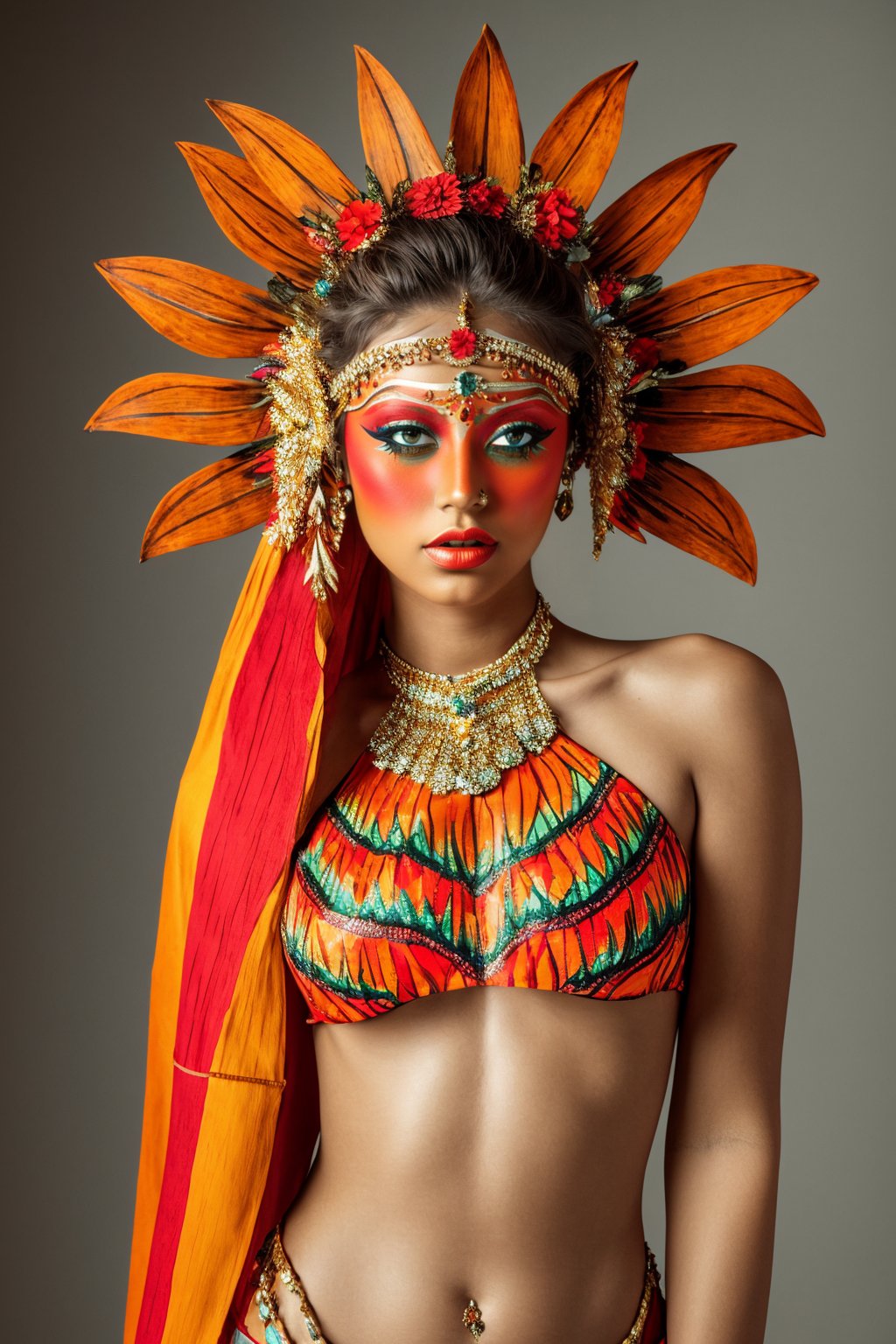 masterpiece,best quality,ultra high res,1girl,colorful tashan makeup,upper body,flash,<lora:20240401caizhuang-v1.2:0.7>,Gulf Fritillary Butterfly headdress,Stark shadows,Texture,Arbitrary view,