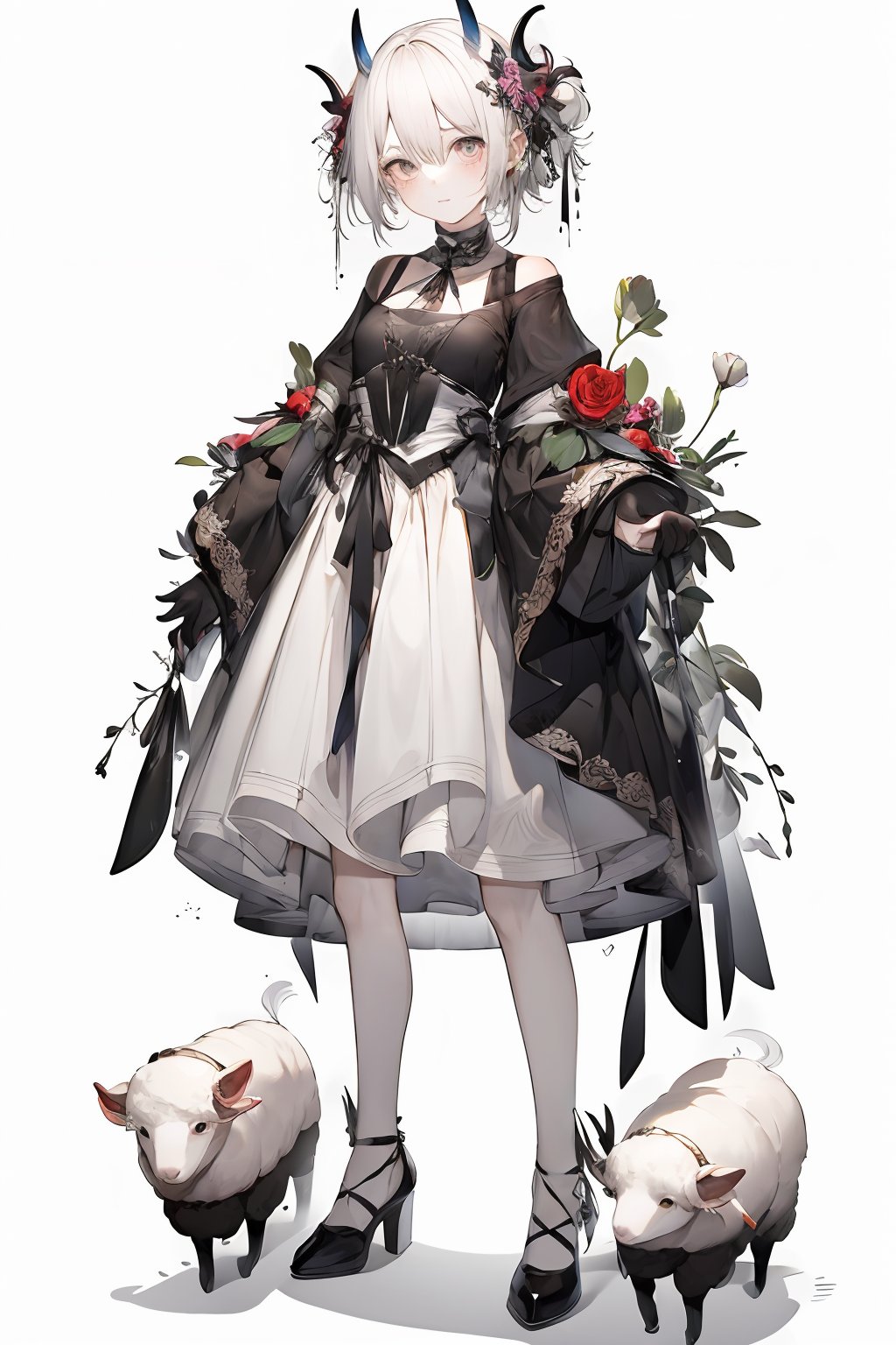 1girl,looking at viewer,bangs,simple background,hair ornament,long sleeves,white background,dress,animal ears,standing,full body,flower,white hair,horns,black footwear,black dress,high heels,grey eyes,bell,sheep,<lora:lbc_Girly_v2.0-000006:0.8>,