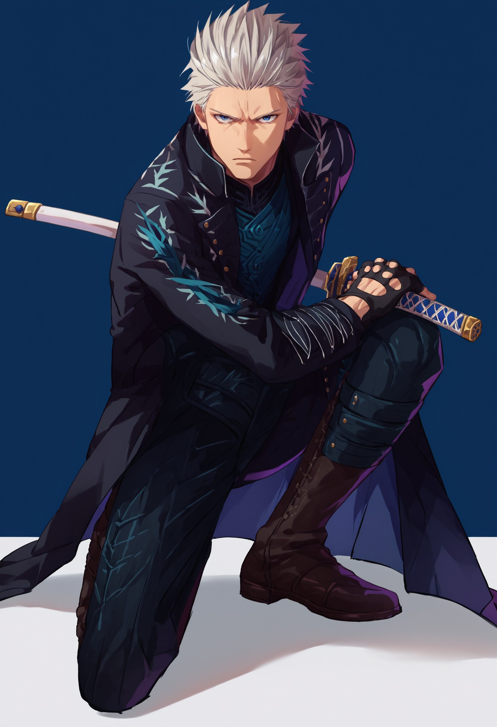 score_9_up score_8_up score_7_up, source_anime, 1boy dmc5vergil solo male focus, battoujutsu, simple background, black coat, fingerless gloves, pants, expressionless, one knee, looking at viewer<lora:battoujutsu_stance_24retry_pony_rework_final_svd_d8:1><lora:others_dmc5_vergil_ponyXL-000005:1.1>