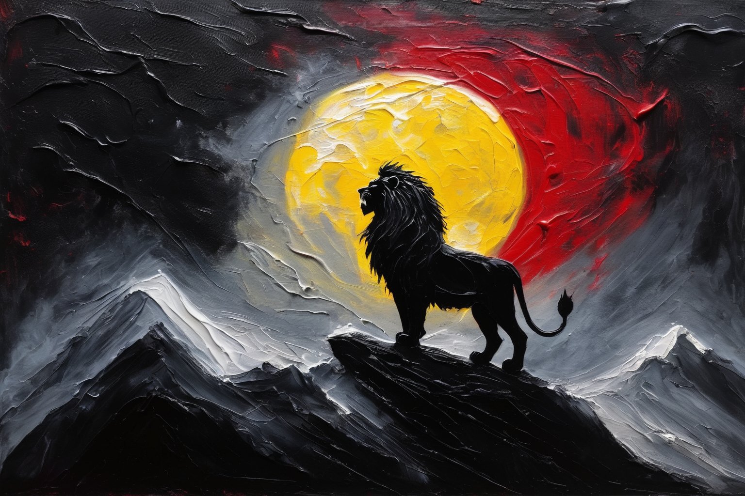 a very dark abstract heavy thick paint, fat paint, heavy palletknife work, of a the lion king standing on a mountain, howling at the moon, using only the colors, red yellow and black