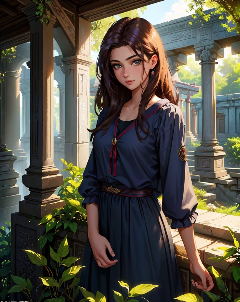 masterpiece, best quality, portrait of a 18yo woman ,  (lush overgrown temple:1.1) ,  color photo, cinematic, cinematic lighting, sly magician shadows illusions, anime, gorgeous 18-year-old woman, perfect eyes, graceful, landscape shot,  upper body, looking at viewer, standing, happy, enthusiastic