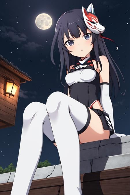 agatsuma kaede, meikyoushisui, black leotard, elbow gloves, white thighhighs, bare shoulders, white collar, detached sleeves, white sleeves, white legwear, white footwear, thigh boots, pelvic curtain, arm support, full moon, sitting, from below, night, night sky, fox mask, holding mask, 1girl <lora:agatsuma_kaede_locon_v1:0.7>