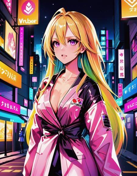 a failed vtuber working the streets, night district, hyperrealistic