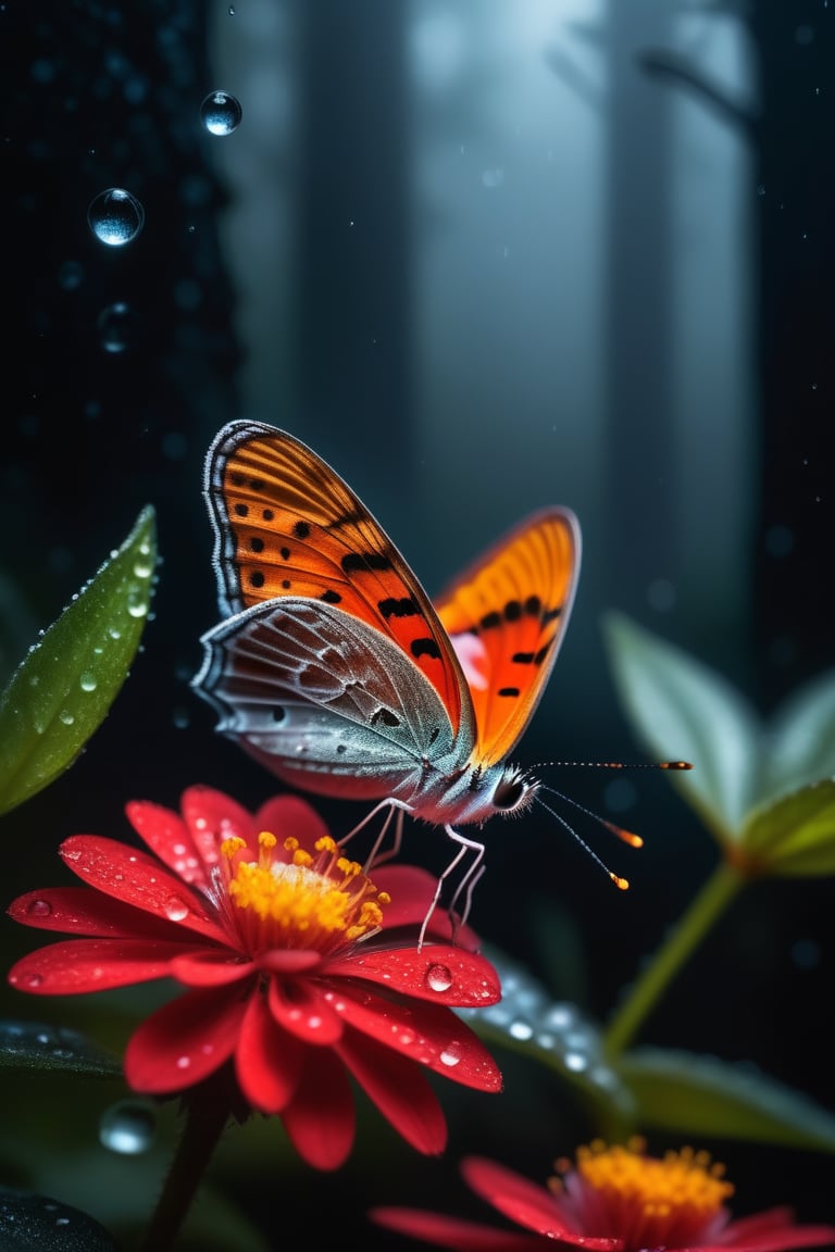 amazing quality, masterpiece, best quality, hyper detailed, ultra detailed, UHD, depth of field, butterfly, parking on (red floret), night, magic forest, fog, firefly, transparent and polishing ral-ntrgmstn, on side, darkness, glowing, (dazzling light:1.2), water droplets after rain