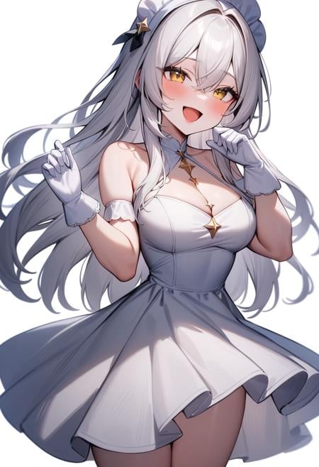 masterpiece, best quality, very aesthetic, absurdres, solulu, + +, 1girl, :d, dress, feet out of frame, gloves, hair between eyes, hair intakes, hands up, long hair, open mouth, smile, solo, standing, white background, white dress, white gloves, white hair, white headdress, yellow eyes