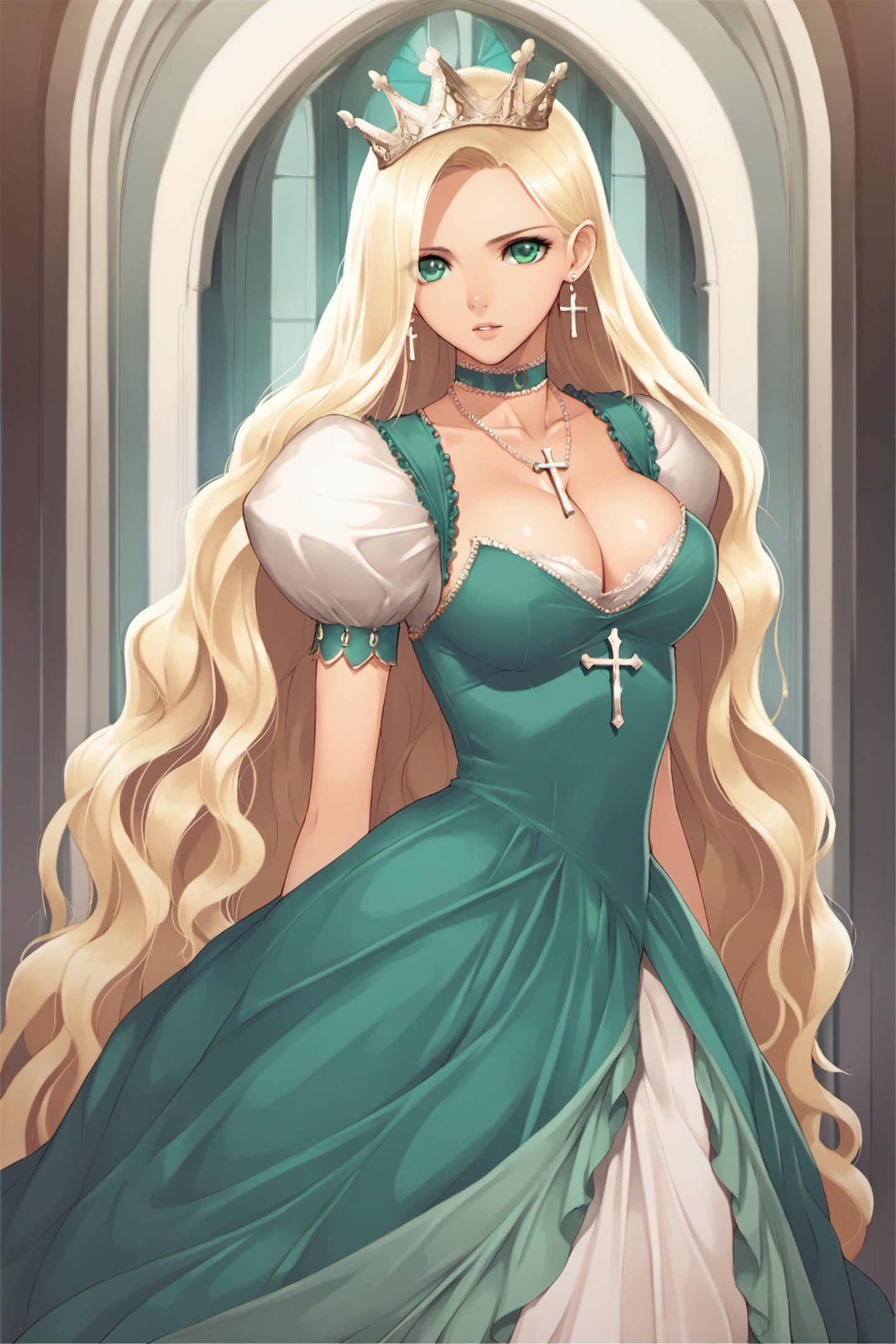 1girl,solo,breasts,blonde hair,cleavage,long hair,cross,jewelry,large breasts,crown,green eyes,dress,necklace,earrings,princess,very long hair,choker,score_8_up,<lora:TONY_XL_PONY:1>,