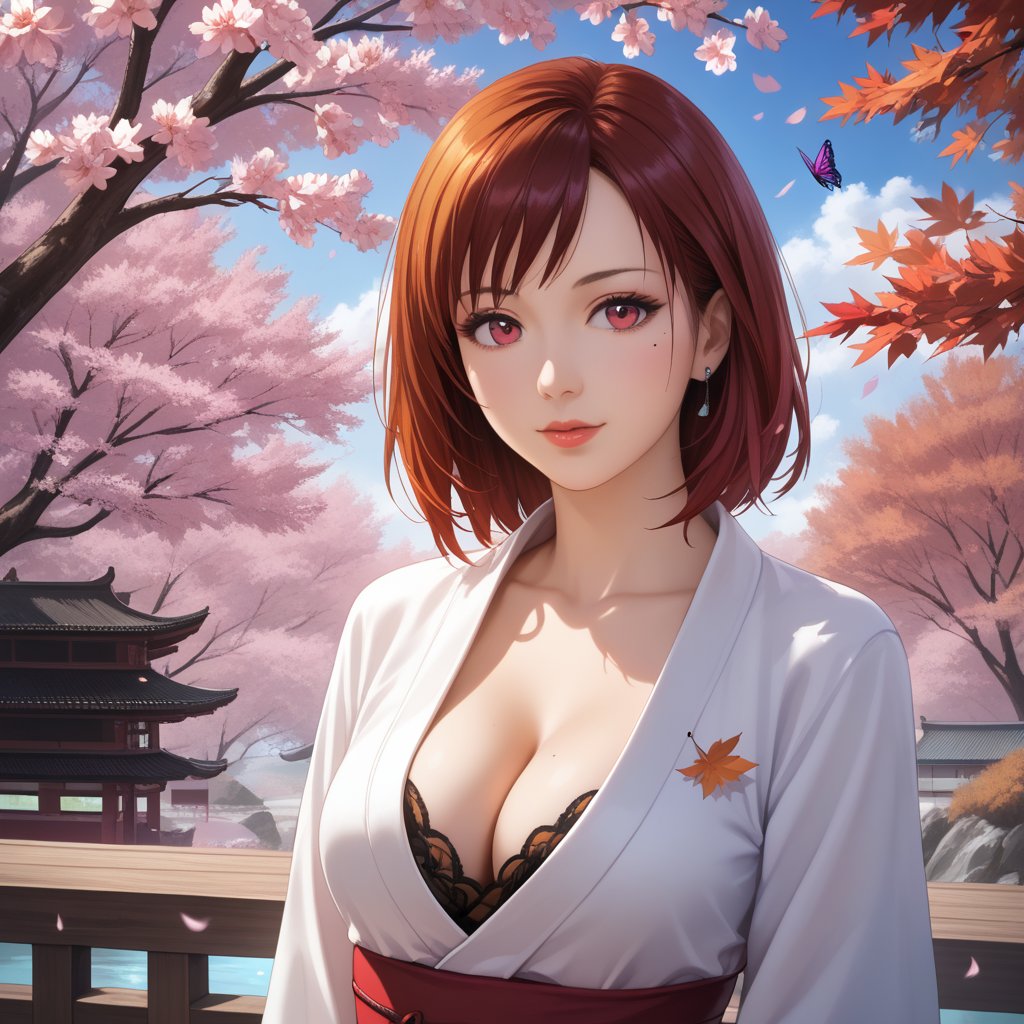 (,1girl, ,best quality, ),,  ,ultra detailed 8k cg,ultra realistic 8k cg, ,masterpiece, (( , )),, ,science fiction,mole, ,    ,(,cherry blossoms, autumn leaves,perfect cherry blossom,   ), (cleavage),, butterfly,