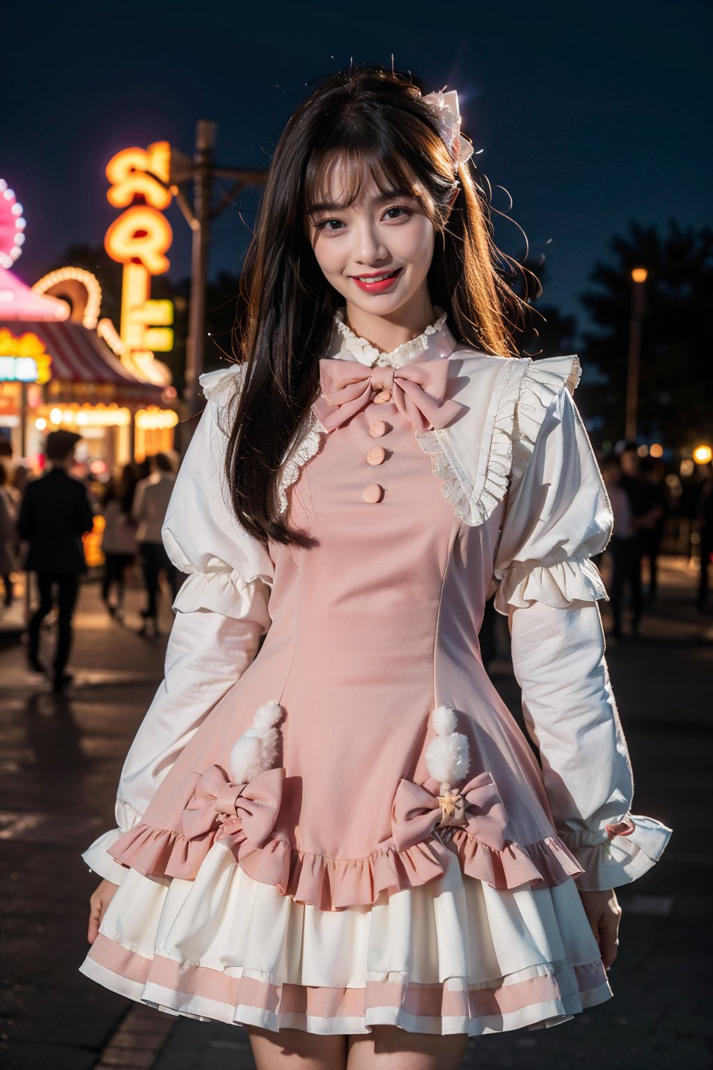 best quality, masterpiece, photorealistic, 1girl, solo, long straight black hair, blunt bangs, looking at viewer, smile, cowboy shot, standing, cyb dress, pink dress, long sleeves, puffy long sleeves, bow, amusement park, people, night, neon light, <lora:cute_dress_style1_v1:0.7>