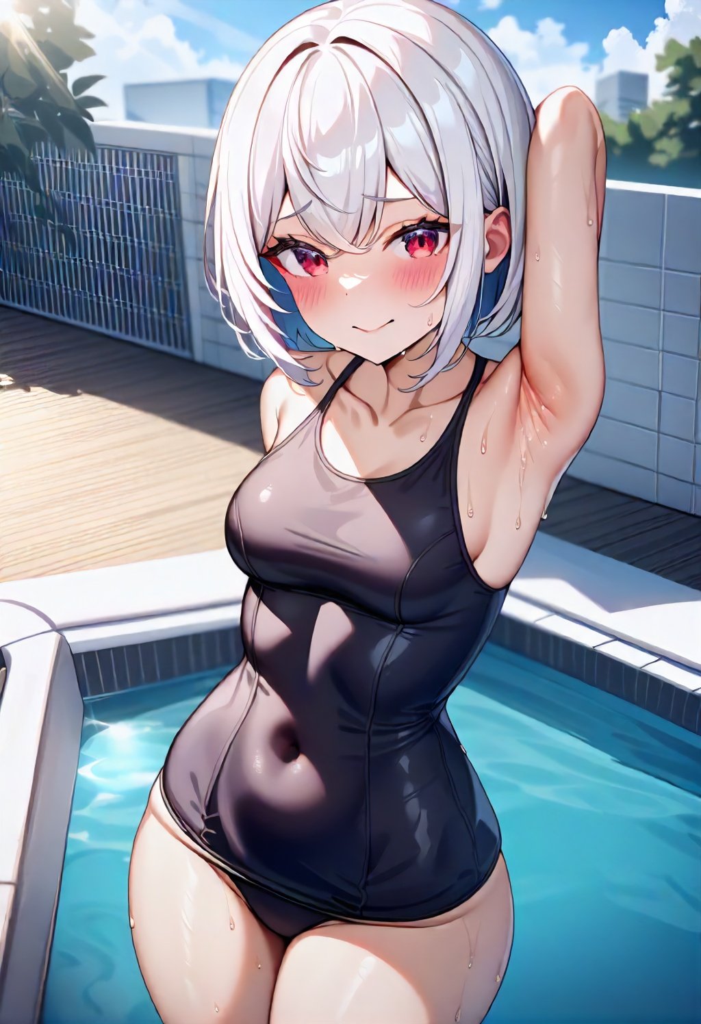 masterpiece,best quality, very aesthetic, absurdres,1girl,qsuku,black qsuku,white hair,red eyes,short hair,armpits,small breasts,looking at viewer,poolside,standing,cowboy shot,<lora:qsukuSDXL_v1:0.8>,sunlight, cloudy sky, sun, building