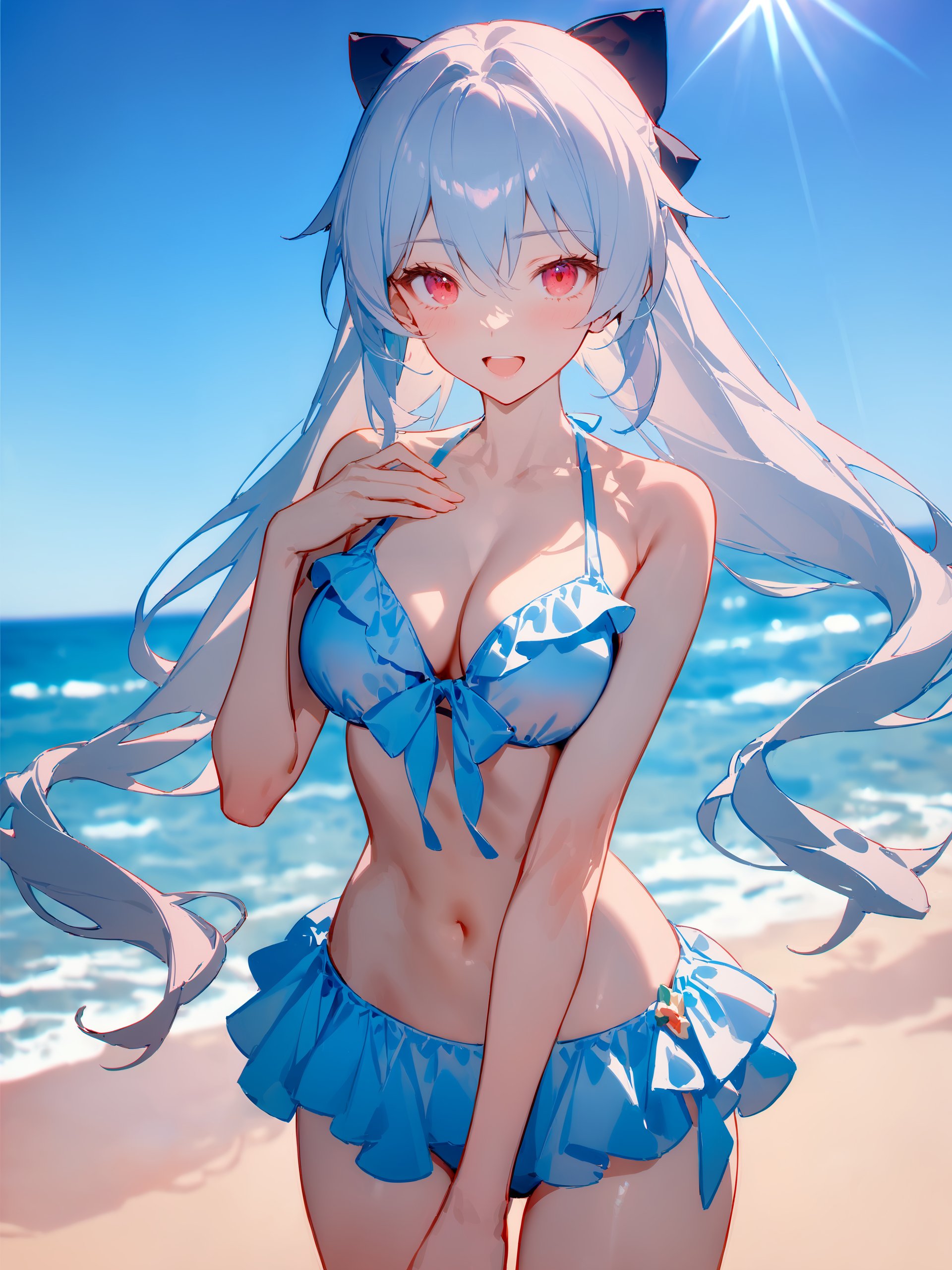 masterpiece, best quality, very aesthetic, ray tracing, newest,(hitenkei, askzy:0.5), 1girl, theresa apocalypse, solo, hair bow, frilled bikini, cowboy shot, looking at viewer, beach, ocean, sunlight, blue sky, depth of field, laughing  <lora:Char-Honkai-Theresa-XL-V1:0.9>