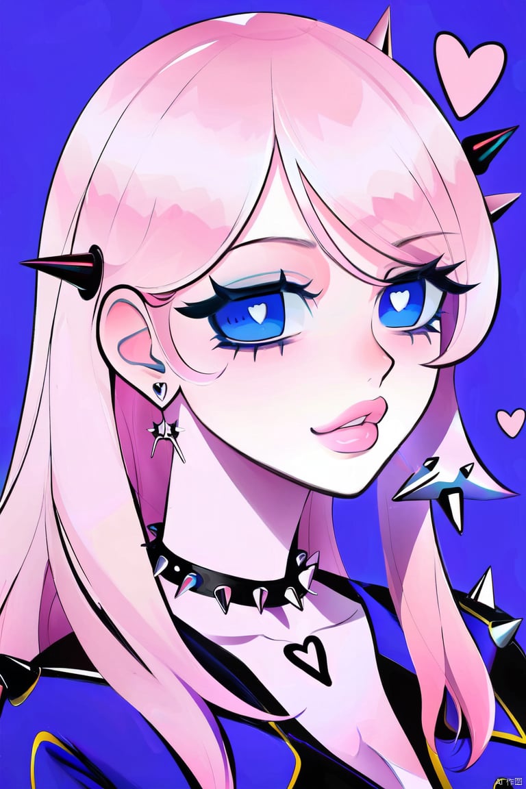 saibo, 1girl, solo, portrait, spikes, jewelry, earrings, blue eyes, heart, pink background<lora:EMS-380362-EMS:1.000000>