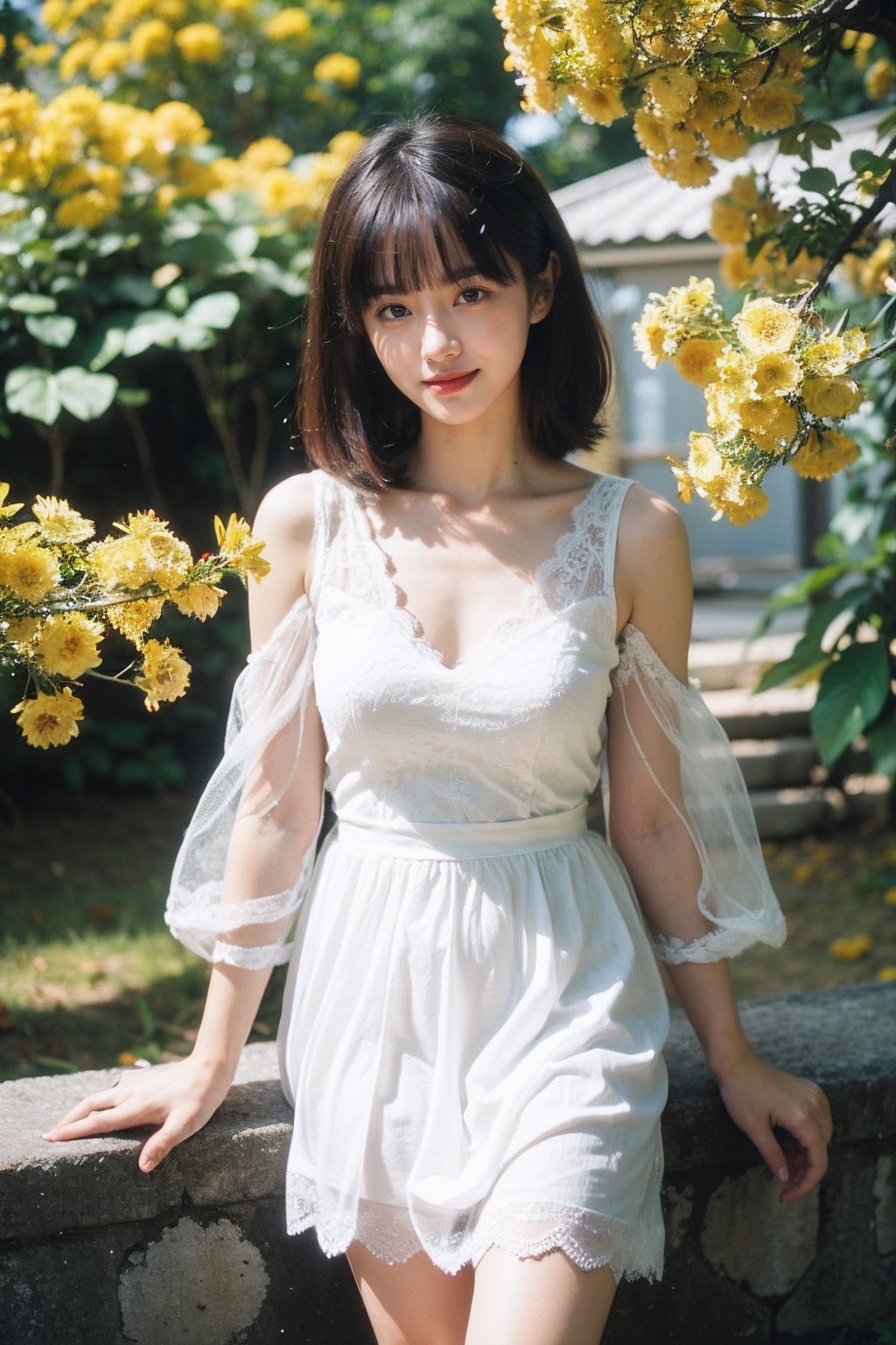 1girl,moyou,full body,stars in the eyes,pure girl,(full body:0.5),There are many scattered luminous petals,hidding in the light yellow flowers,Depth of field,Many scattered leaves,branch,angle,contour deepening,cinematic angle,white dress,smiling,lace,