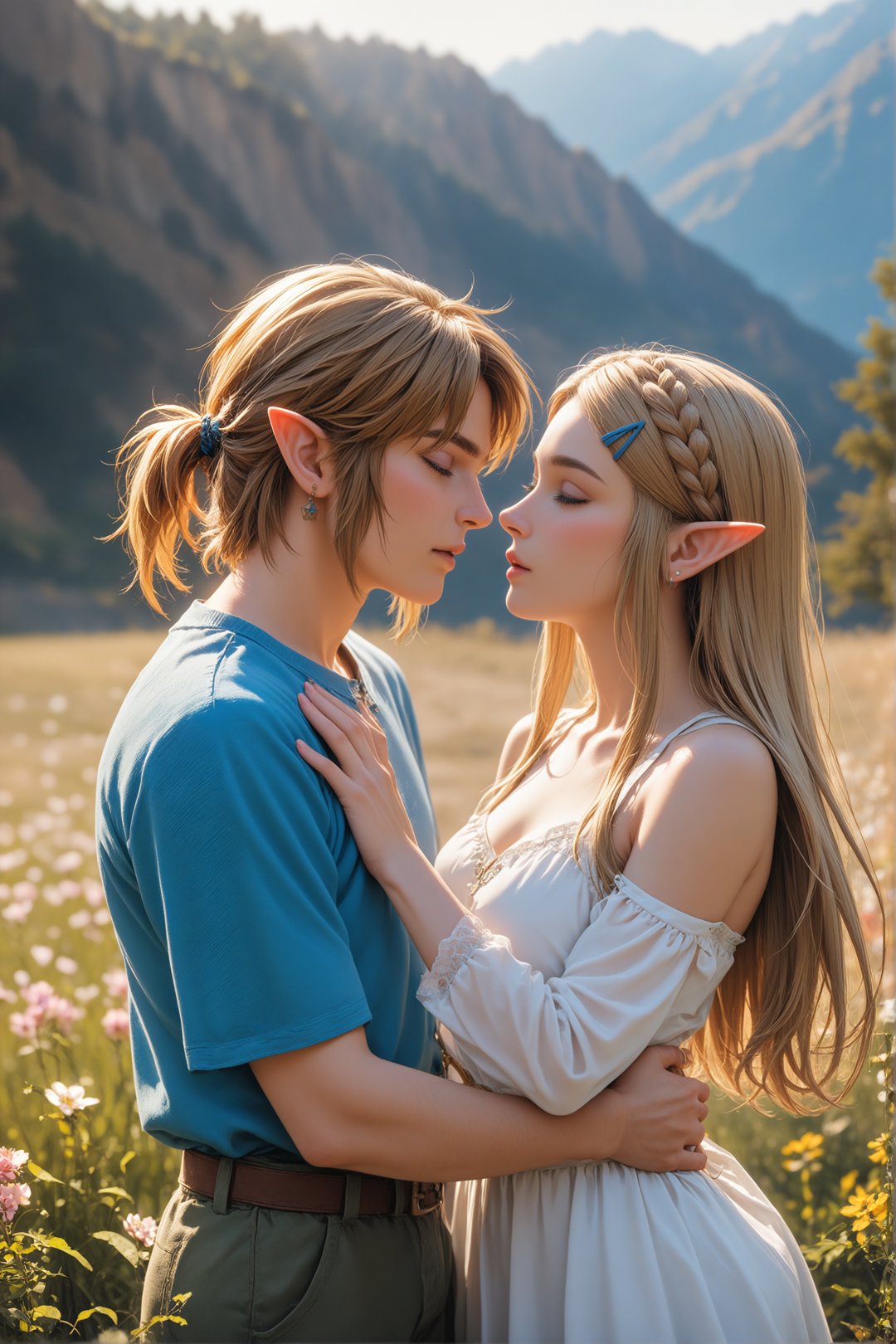 score_9, score_8_up, score_7_up, rating_questionable, Princess Zelda, Link, passionate love,landscape background, (masterpiece, best quality, highly detailed, realistic),