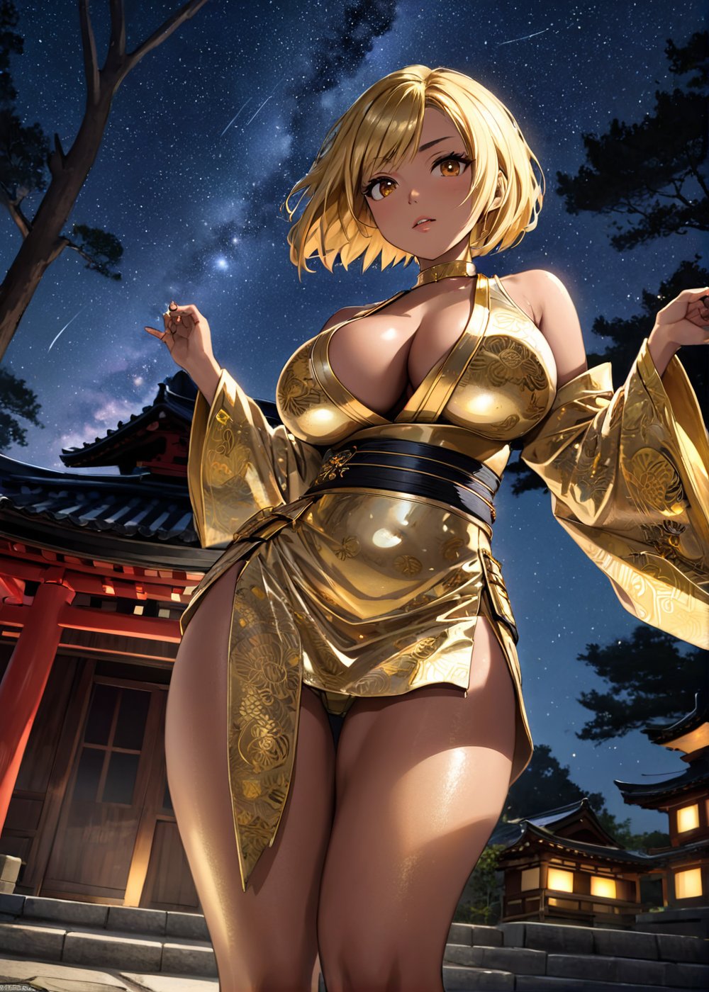 samurai hiding in the shadows, at a japanese shrine at night, beautiful night sky, woods in the background, outdoors, full body, detailed, action pose, dynamic angle, 1girl, A-line haircut, large boobs, Short body, hazel eyes, Metallic gold hair, high definition photo, ultra detailed skin, ultra detailed face, small skin imperfections