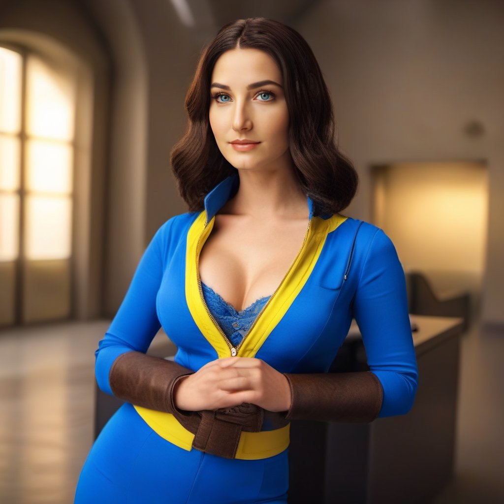 cinematic photo Mona Lisa wears a blue and yellow outfit, a computer wrist, mona lisa pose <lora:Fallout-V2-1024-120:0.8> . 35mm photograph, film, bokeh, professional, 4k, highly detailed