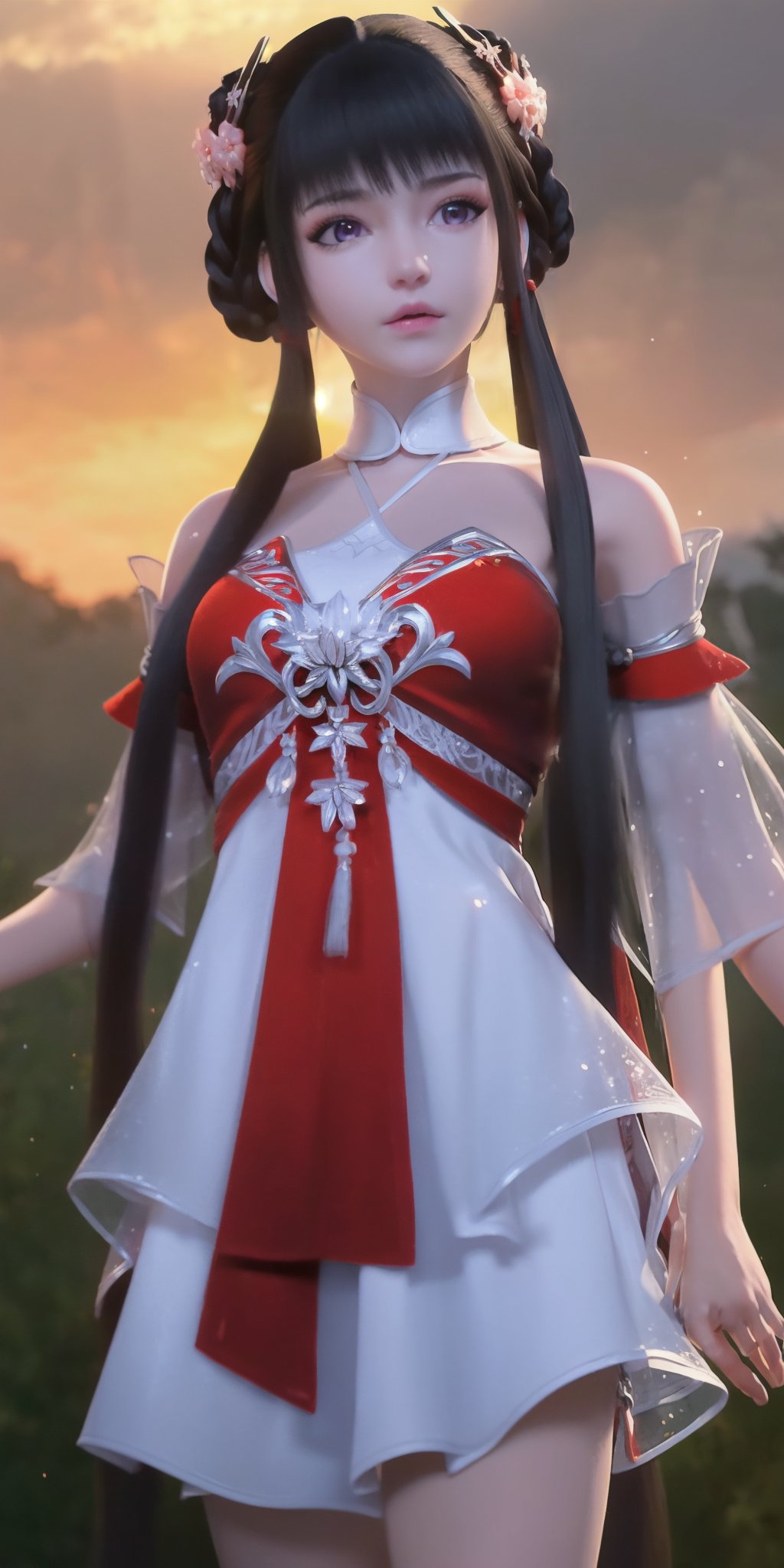 black hair,long hair,hair ornament,hair rings,braid,flower,purple eyes,bangs,<lora:hle:1>,detached sleeves,red dress,chinese clothes,see-through,, (masterpiece, best quality, high quality, highres:1.3),8k,extremely delicate and beautiful,studio lighting,double exposure,dreamy glow,detailed shadow,
1girl,pale skin,