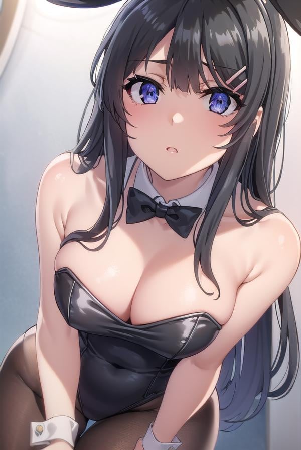 maisakurajima, <lora:mai sakurajima s1-lora-nochekaiser:1>, mai sakurajima, long hair, bangs, (black hair:1.5), hair ornament, (purple eyes:1.1), hairclip, rabbit hair ornament,BREAK bow, animal ears, cleavage, bare shoulders, pantyhose, bowtie, black footwear, rabbit ears, high heels, leotard, black pantyhose, strapless, black bow, detached collar, fake animal ears, playboy bunny, black leotard, strapless leotard, thighband pantyhose, black bowtie,BREAK indoors, library,BREAK looking at viewer, (cowboy shot:1.5),BREAK <lyco:GoodHands-beta2:1>, (masterpiece:1.2), best quality, high resolution, unity 8k wallpaper, (illustration:0.8), (beautiful detailed eyes:1.6), extremely detailed face, perfect lighting, extremely detailed CG, (perfect hands, perfect anatomy),