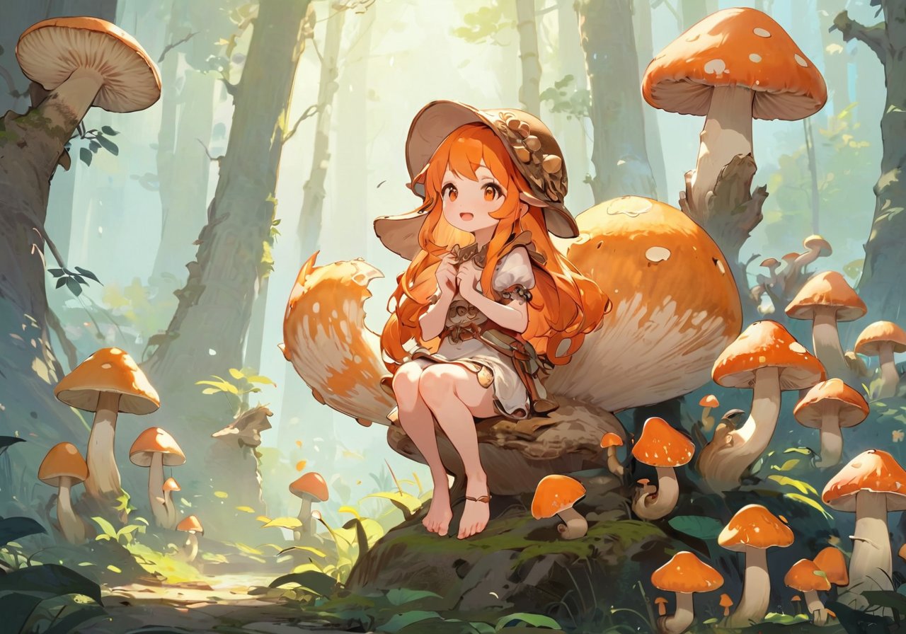 [(white background:1.2): :0.2] , mushrooms forest,(colorful mushrooms:1.1),petite,flat chest,(standing on one leg :1.1),solo,orange hair,very long hair,brown eyes,hair ornament, no shoes,barefoot,vines, stone statue,glowing mushrooms,squirrel,marten,