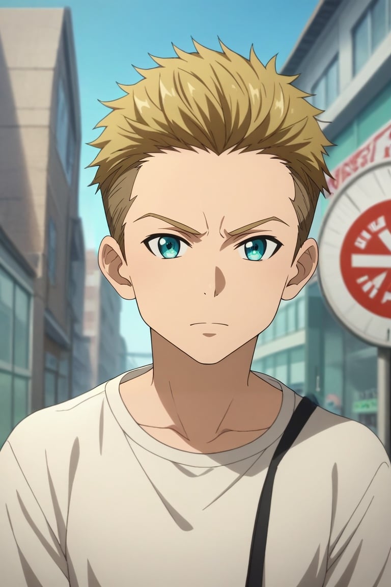 score_9, score_8_up, score_7_up, source_anime, rating_safe, anime screencap, , looking at viewer, depth of field, 1boy, male focus, aquamarine eyes, dark blonde hair, layered undercut,, solo, close-up, bus stop, light, crossed arms, squinting, <lora:sao_style_pony:0.94>, sao_style, , <lora:sdxl_lightning_8step_lora:1>