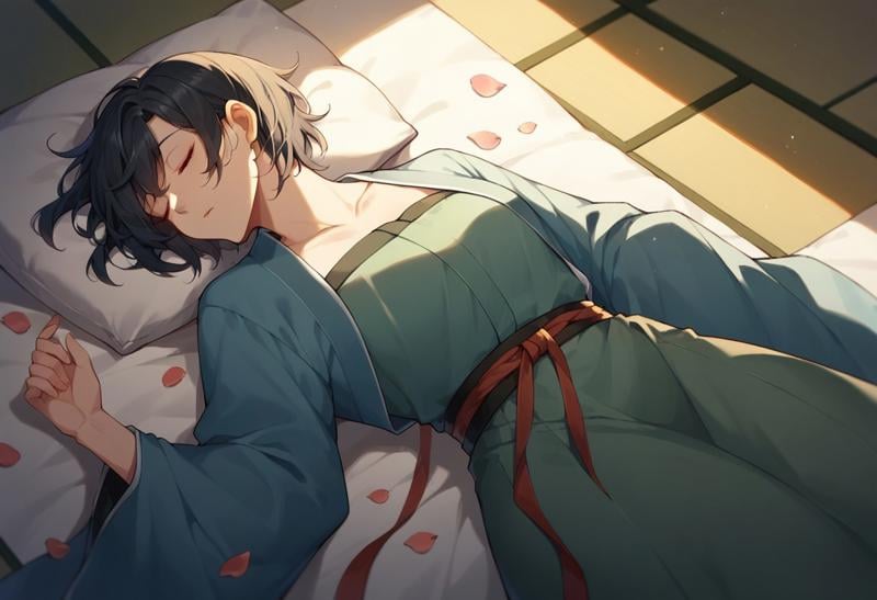 score_9, score_8_up, score_7_up, hanfu, sleeping, lying, on back, flower petals