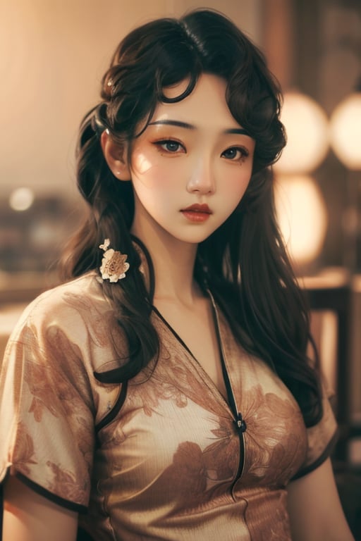 best quality,masterpiece,realistic,Highly detailed,1girl, black hair, long hair, solo, realistic, looking at viewer, lips, blurry, black eyes, upper body, blurry background, closed mouth