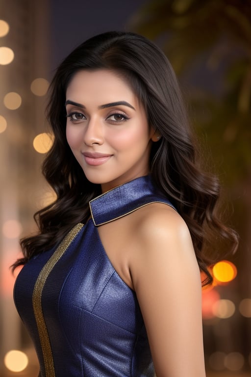 hires portrait photo of Asin woman, outdoors, realistic skin texture, smiling, looking looking at viewer, high collar dress, smiling, night time, beautiful bokeh < <lora:Asin_SD15_LoRA:1>