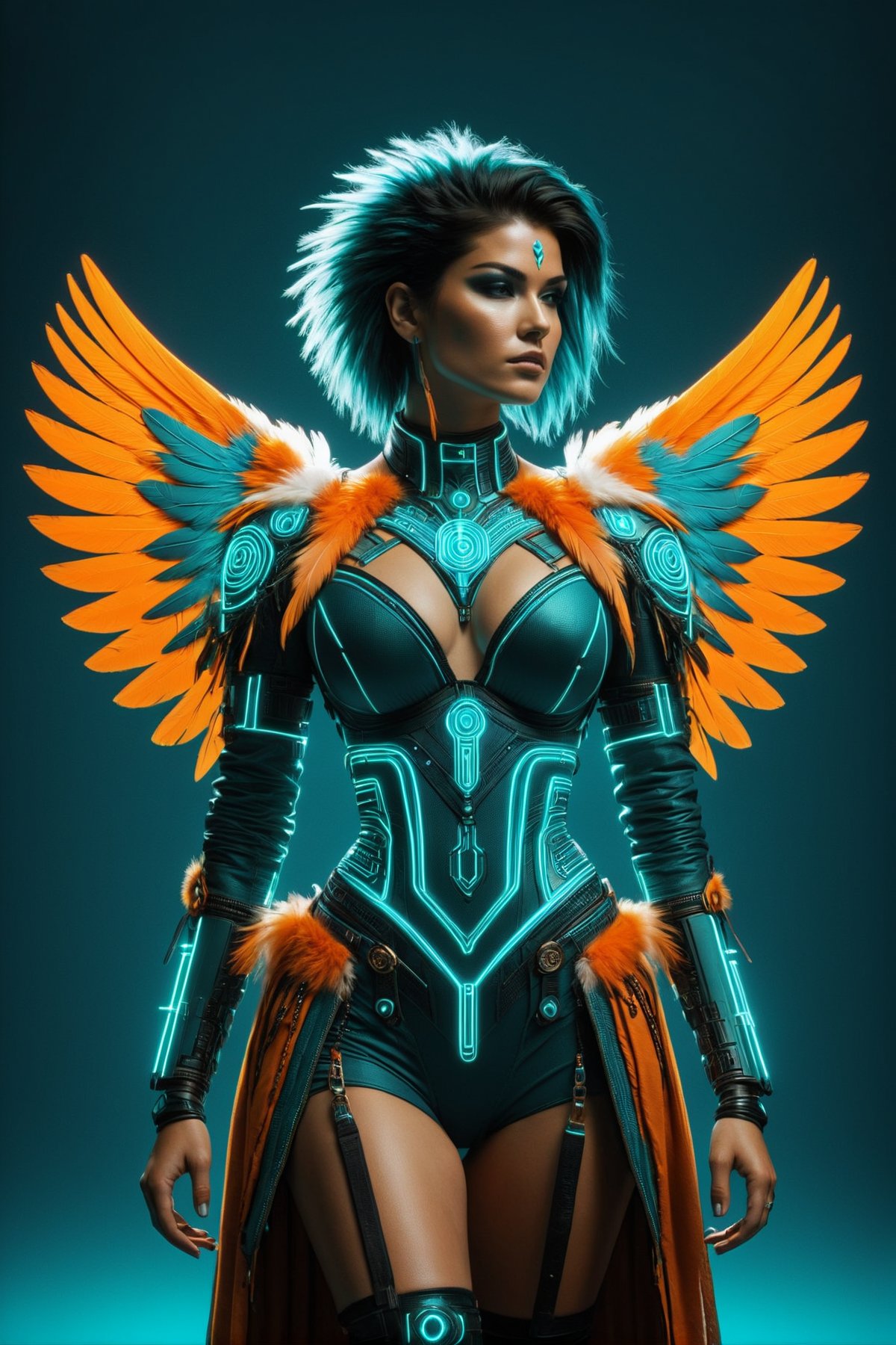 woman,cybershaman, talisman, feathers, ornanments, teal coloring, grid, orange outlines  cyberpunk, 1980s, retro, scifi, mad-cyberspace <lora:Neon_Cyberpunk_SDXL_-_Cyberspace:1>  <lora:Cyberpunk_Techno-Mages_SDXL:0.8@0,0@0.6,0@1>, <lora:EnvyBetterHiresFixXL01:1>, RAW photo, subject, 8k uhd, dslr, soft lighting, high quality, film grain, Fujifilm XT3