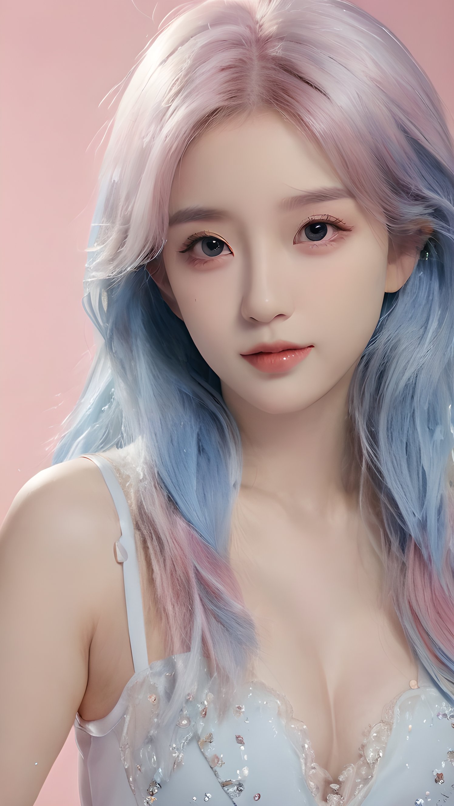 yanshangyue, 1girl, solo, xiaowu, BIG EYES, xxmix girl woman, <(masterpiece, realistic:1.3), (extremely intricate:1.2)>, portrait of a girl, sliver gradient hair, (sliver hair:1.1), (light blue hair:1.1), (pink hair:1.2), ((solid color background:1.3)), beautiful detailed glow, (detailed ice), beautiful detailed water,  <lora:molixl3:0.6>