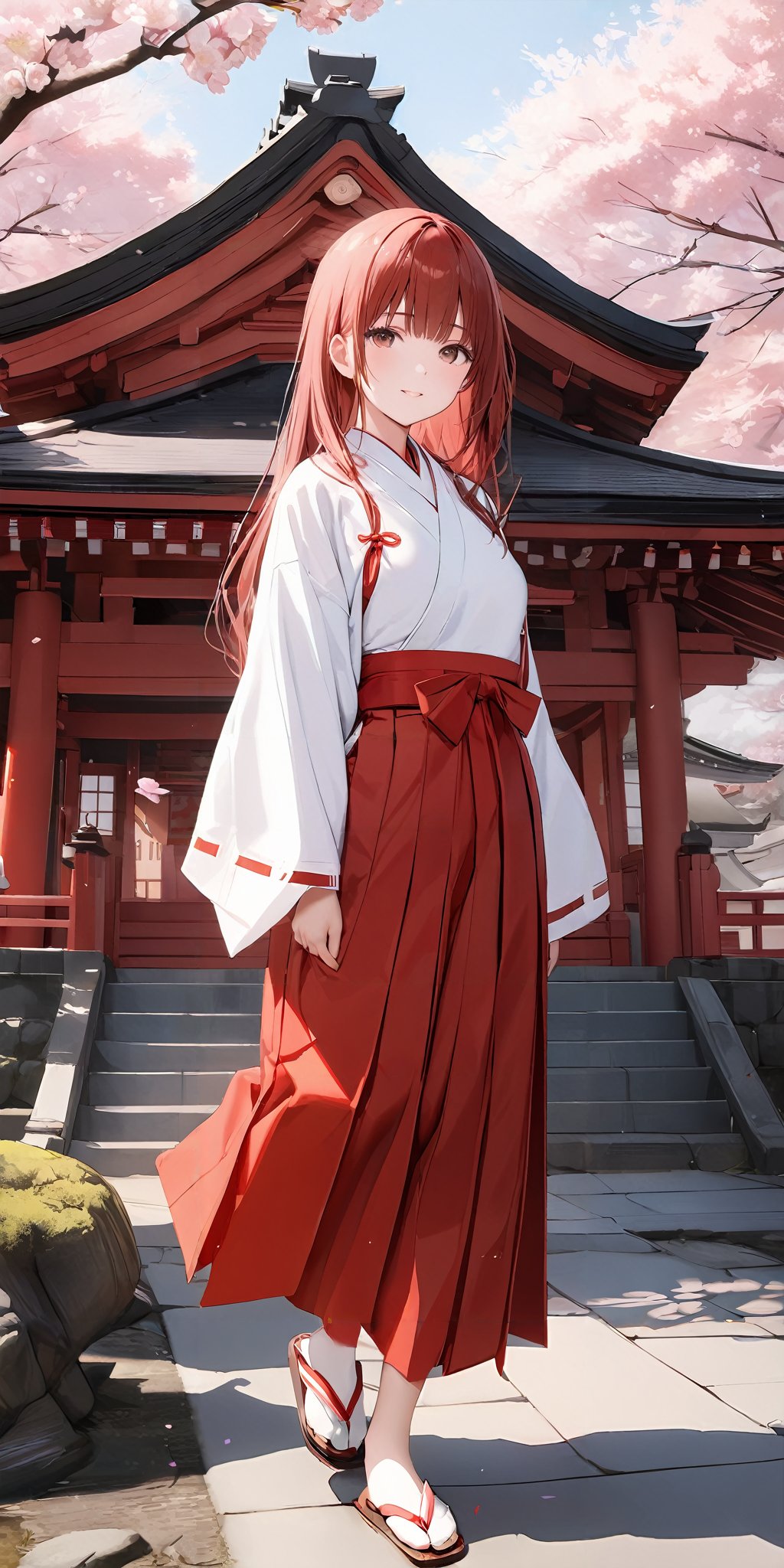 masterpiece,ultra-detailed,best quality,8K,illustration,cute face,clean skin ,shiny hair,girl,simple background, full body,<lora:add-detail-xl:1>    <lora:miko_XL_V1.0:0.6> jyojifuku, miko,red hakama,temple,cherry blossom