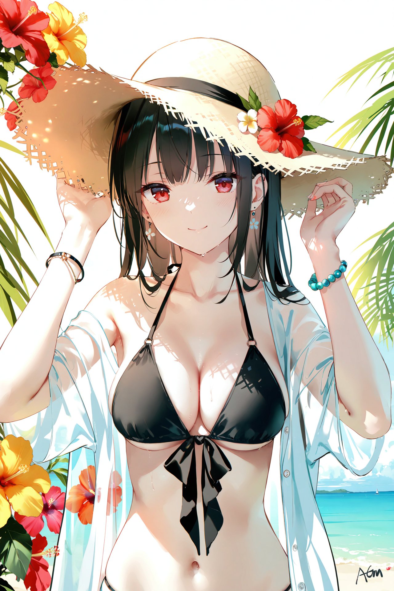 masterpiece,best quality,high quality,(colorful),[Artist toosaka asagi],[[[Artist wlop]]],[Artist chen bin],[Artist omone hokoma agm],Artist hiten (hitenkei), 1girl, hat, solo, breasts, bikini, flower, swimsuit, black hair, looking at viewer, smile, upper body, jewelry, collarbone, straw hat, medium breasts, hibiscus, see-through, cleavage, long hair, red eyes, black bikini, earrings, bracelet, hands on headwear, outdoors, closed mouth, halterneck, sun hat, tree, hands up, open clothes