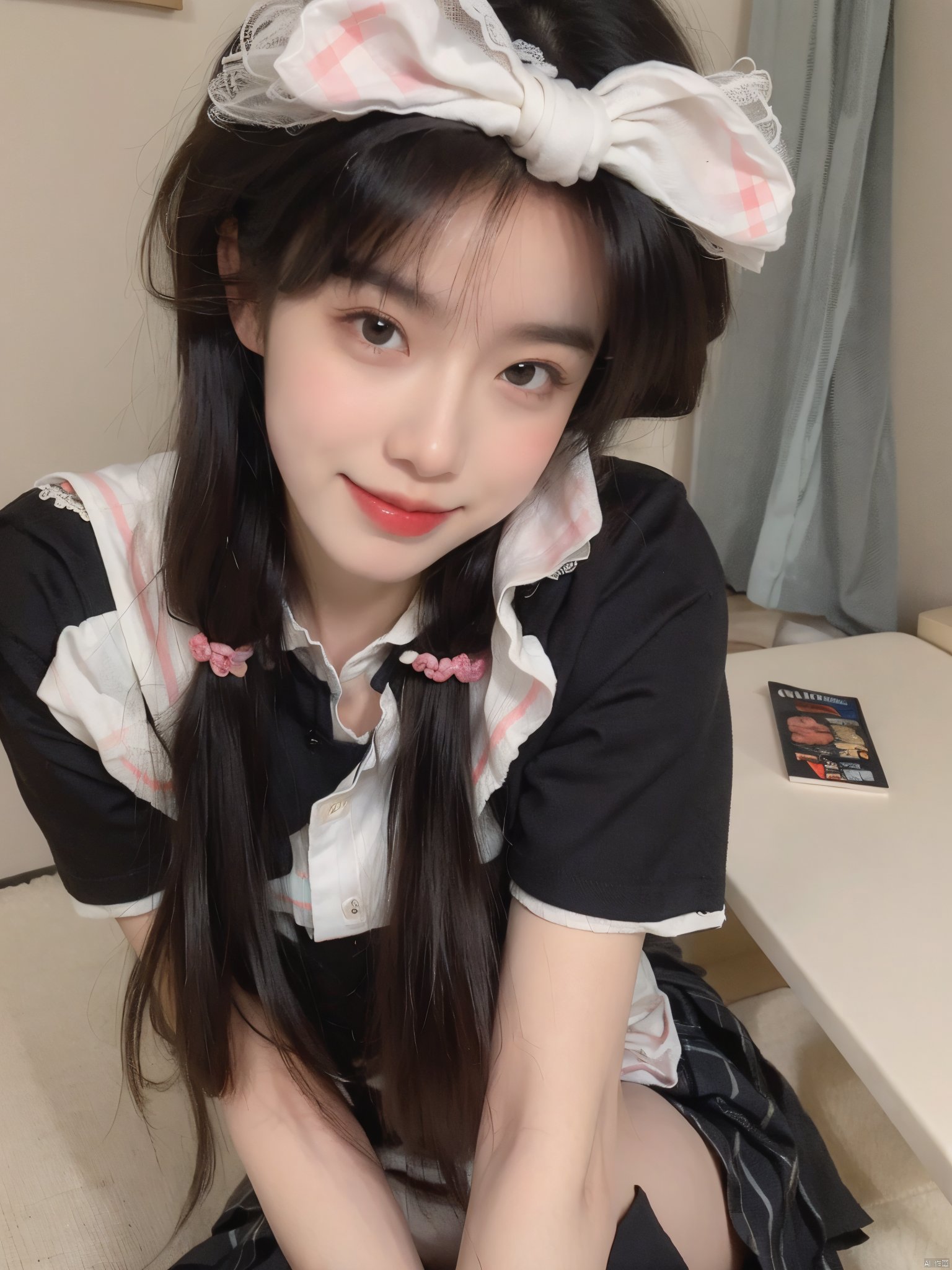 1girl, solo, long hair, looking at viewer, smile, skirt, shirt, black hair, sitting, school uniform, white shirt, short sleeves, socks, black eyes, head tilt, plaid, kneehighs, cosplay, plaid skirt, ground vehicle, black socks, hand on own face, realistic, hand on own cheek,JK_style,moyou<lora:EMS-15286-EMS:0.800000>, <lora:EMS-14530-EMS:1.000000>