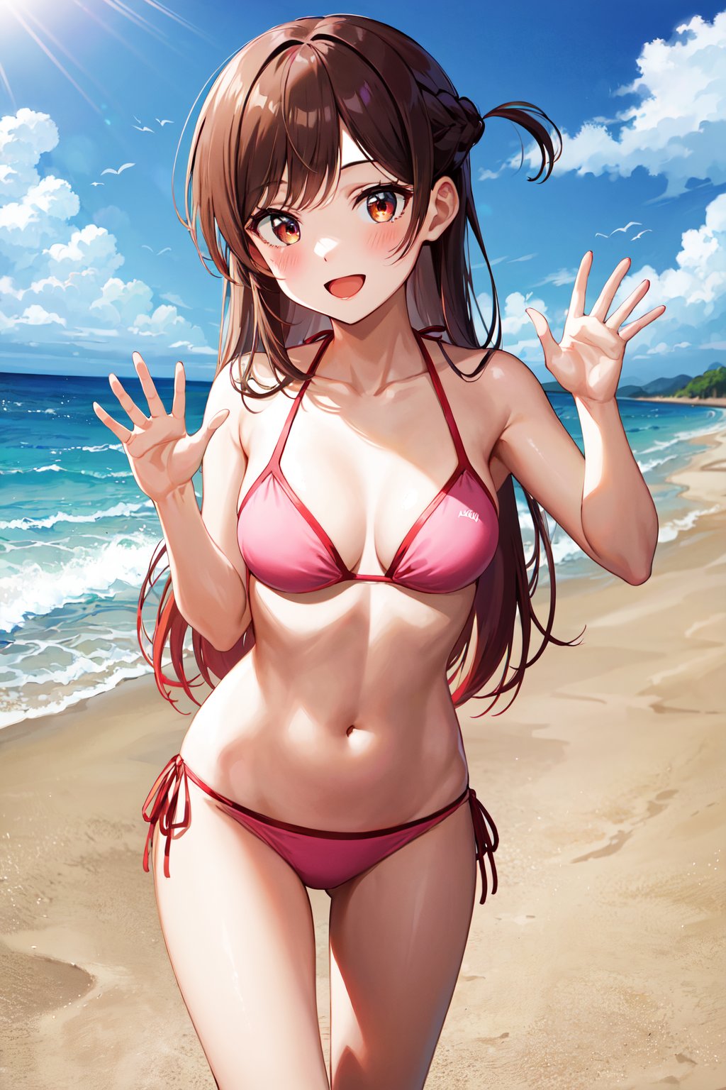 masterpiece, best quality, highres, aachizuru, long hair, one side up, collarbone, bare shoulders, pink bikini, side-tie bikini bottom, <lora:mizuhara_chizuru_v2:0.7>,  standing, waving, smile, open mouth, beach