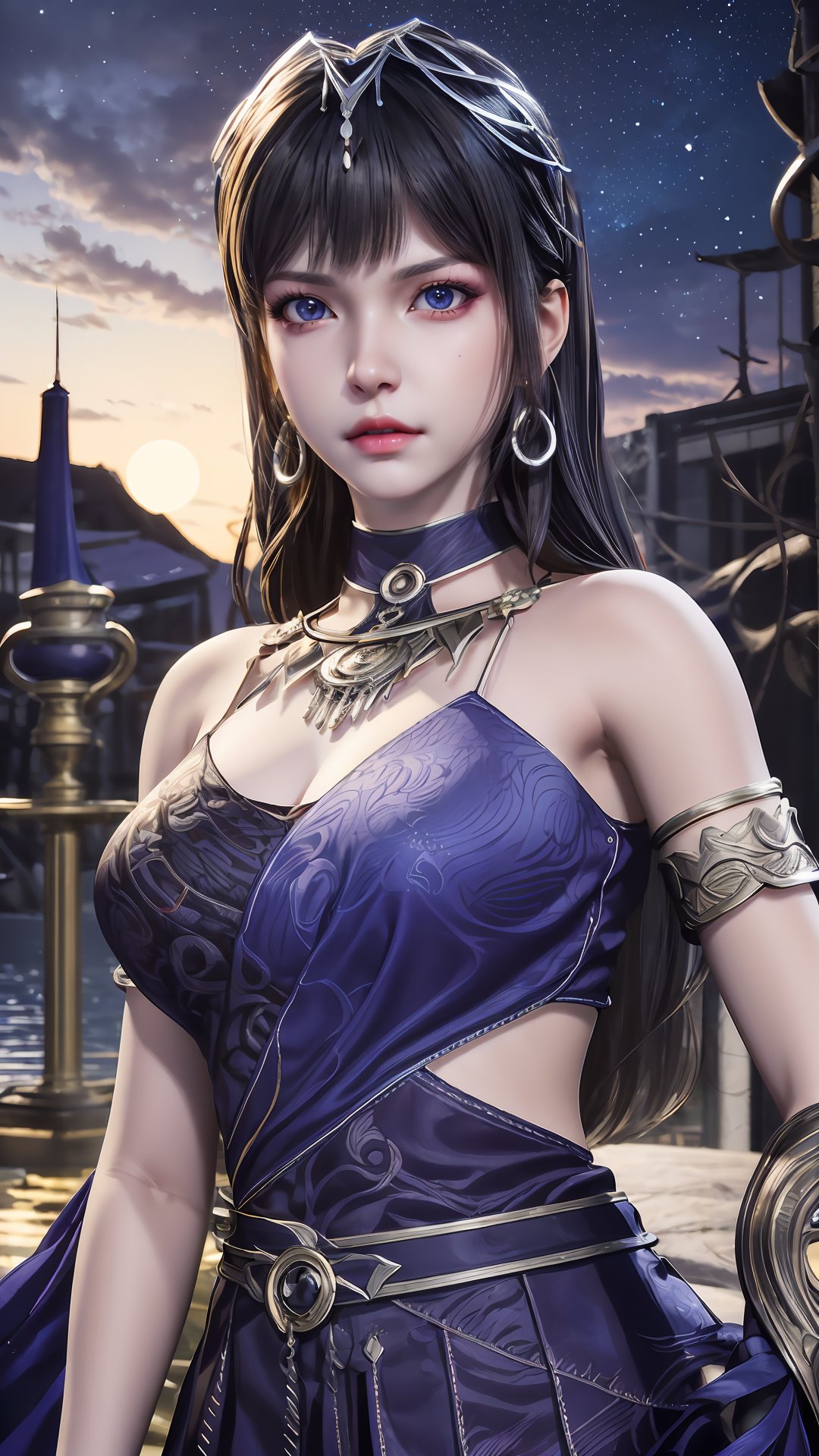 masterpiece,best quality,official art,extremely detailed CG unity 8k wallpaper,realistic,light rays,light particles,1girl,earrings,solo,jewelry,black_hair,long_hair,upper_body,blue_eyes,blue_ribbon,armlet,breasts,blue theme,scenery,reflection,outdoors,lotus leaf,(lotus:1.3),lake water,blue sky,white cloud,long_hair,earrings,hair_ornament,dynamic pose,looking at viewer,cowboy shot,