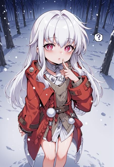 1girl, long hair, white hair, pink eyes, detached collar, white shirt, cardigan, red coat, coat, barefoot, thigh strap, standing, outdoors, forest, night, snow, snowing, chestnut mouth, cowboy shot, open clothes, tilt head, confused <lora:Clara_XL:1> finger to mouth, pouty lips,  from above <lora:senbei_avocadochaya_XL:1>, score_9, score_8_up, score_7_up, score_6_up, score_5_up, score_4_up, BREAK source_anime, masterpiece