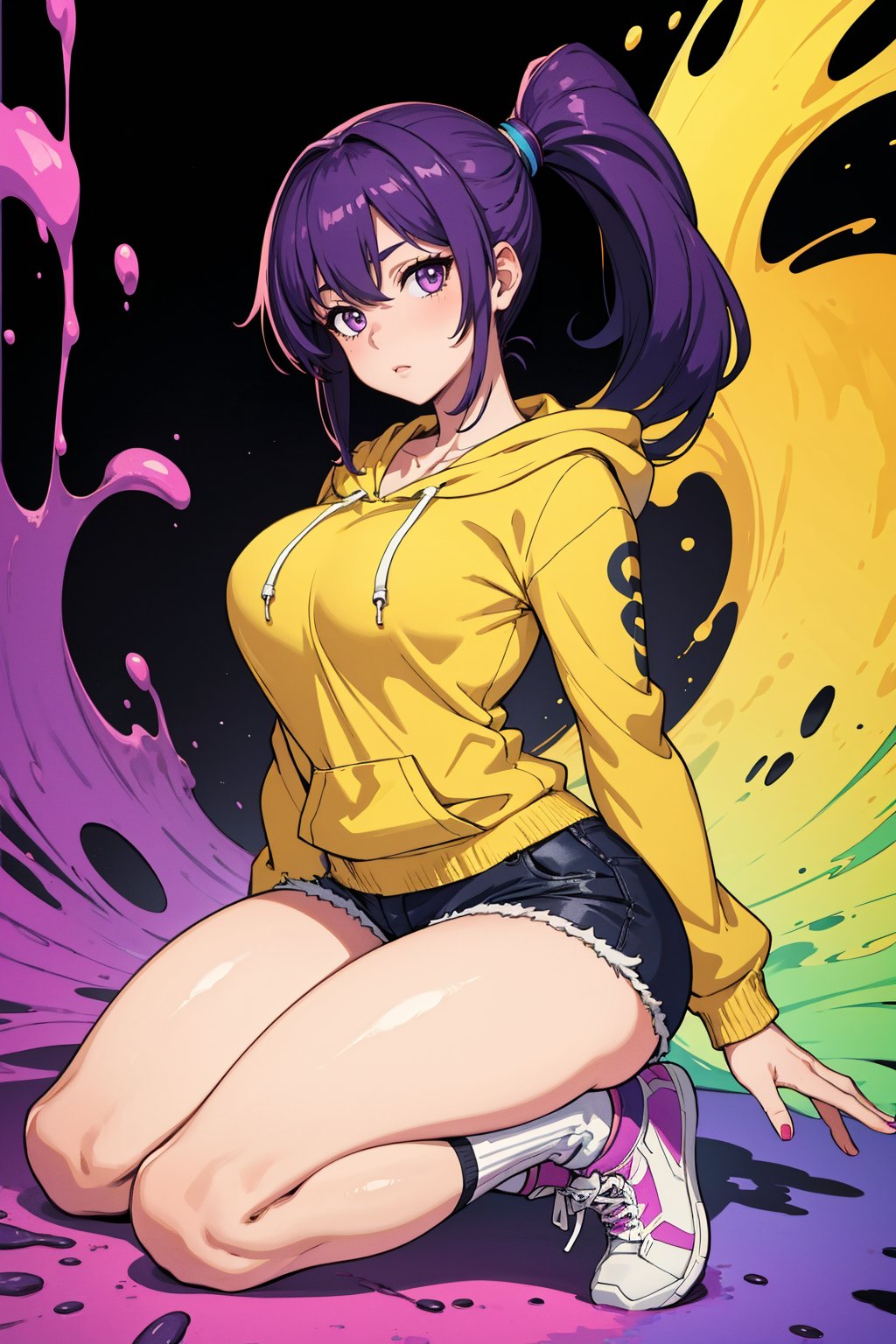 masterpiece, best quality, 1girl, purple hair, ponytail, yellow hoodie, short shorts, loose socks, sneakers, seiza, looking at viewer, large breasts, shiny skin, abstract background, vivid colors, paint splashes, rainbow theme