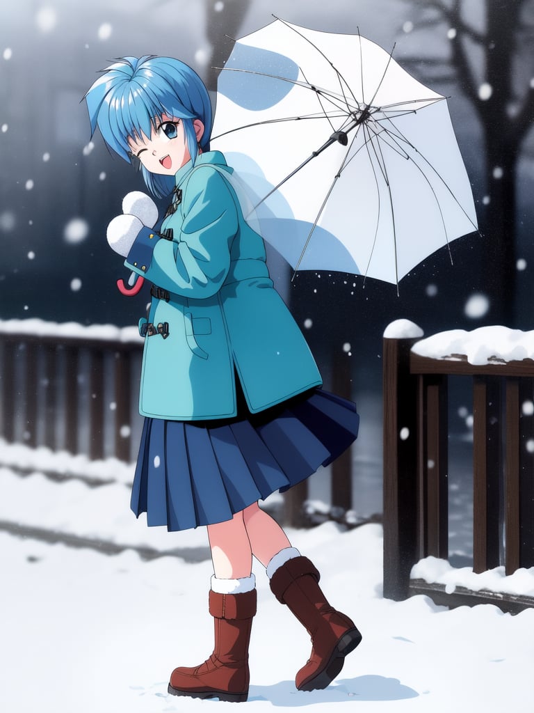 <lora:Nijino_Saki:0.8>NijinoSaki, 1girl, solo, umbrella, retro artstyle, 1990s (style), one eye closed, boots, coat, holding, open mouth, skirt, mittens, long sleeves, full body, holding umbrella, standing, copyright name, looking at viewer, snow, winter clothes, smile, looking back, leg up, standing on one leg, pleated skirt, snowing, bangs,masterpiece, high quality, very_high_resolution, large_filesize, full color,