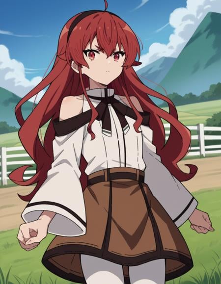 score_9, score_8_up, score_7_up, source_anime,erisgreyrat, <lora:eris-boreas-greyrat-s1-ponyxl-lora-nochekaiser:1>,eris greyrat, ahoge, hair between eyes, long hair, red eyes, red hair, sidelocks,black hairband, black ribbon, brown skirt, hairband, long sleeves, neck ribbon, pantyhose, ribbon, shirt, shoulder cutout, skirt, white pantyhose, white shirt, wide sleeves,outdoors, landscape, farm,looking at viewer, dutch angle, cowboy shot,