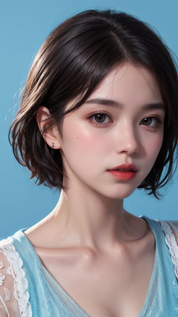 1girl, blue_background, collarbone, lips, looking_at_viewer, nose, realistic, short_hair, solo