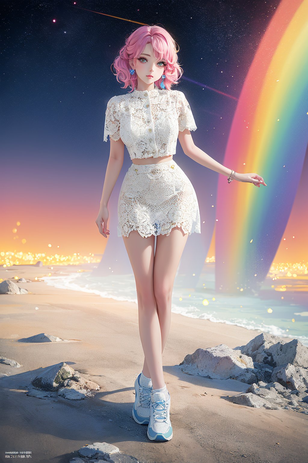 (beautiful skyline,  magnificent sky),  (great tension and dramatic graphics,  moving visuals),  (hanging north star,  colorful natural light),  (masterpiece,  top quality,  best quality,  watercolor (middle),  official art,  Beauty and aesthetics: 1.2),  (1 girl: 1.3),  (fractal art: 1.3),  beautiful girl,  lower body,  bzroselina,  lace dress,  white shirt,  lace skirt,  white skirt,  light blue sunglasses,  golden piercings,  colorful sneakers,  viewing audience,  patterns,  (rainbow hair,  colorful hair,  half blue and half pink hair: 1.2),<lora:EMS-294864-EMS:0.800000>