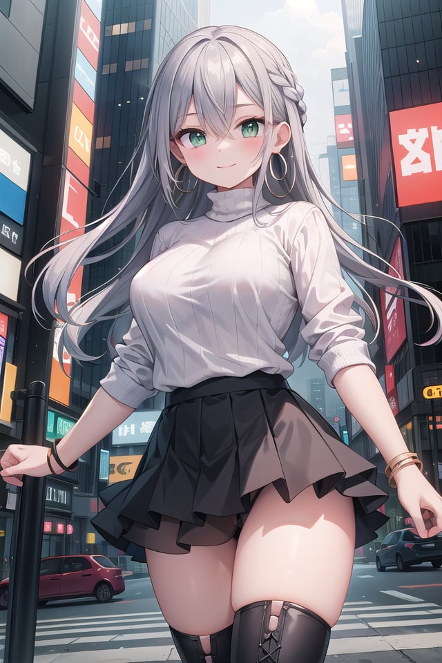 insanely detailed, absurdres, ultra-highres, ultra-detailed, best quality,1girl, solo, nice hands, perfect handsBREAK(Cyberpunk theme:1.2), ((wear an oversized white turtleneck with holographic circuit pattern) paired with (black A-line layered skirt):1.2), (black thigh-high boots:1.2)BREAK(silver accessories:1.2), (silver hoop earrings:1.2), (silver ankle bracelet:1.2)BREAKhappy smile, laugh, closed mouthBREAKfrom below,standing, cowboy shot, looking at viewerBREAKslender, kawaii, perfect symmetrical face, ultra cute girl, ultra cute face, ultra detailed eyes, ultra detailed hair, ultra cute, ultra beautifulBREAKshibuya, akihabara, tokyo, street, crowd, cityscape, depth of field, ultra detailed backgroundBREAKlarge breastsBREAKred hair, green eyes, herringbone braids, hair between eyes