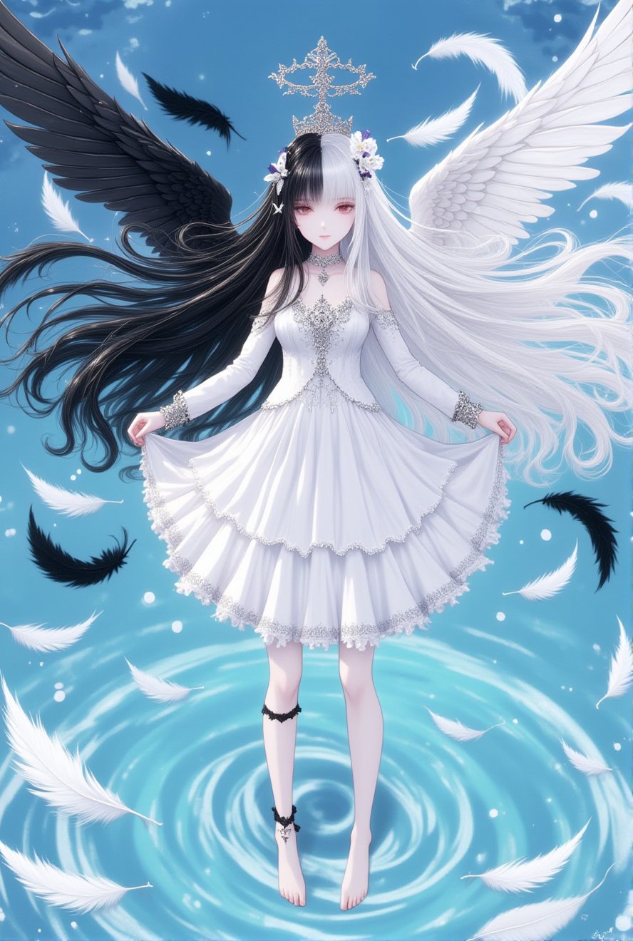 1girl, wings, long hair, solo, dress, feathered wings, black hair, white dress, very long hair, halo, white hair, looking at viewer, detached sleeves, black wings, hair ornament, full body, angel wings, flower, water, barefoot, jewelry, split-color hair, multicolored hair, hair flower, white wings, anklet, feathers, ripples, black dress, standing<lora:黑白天使:1>