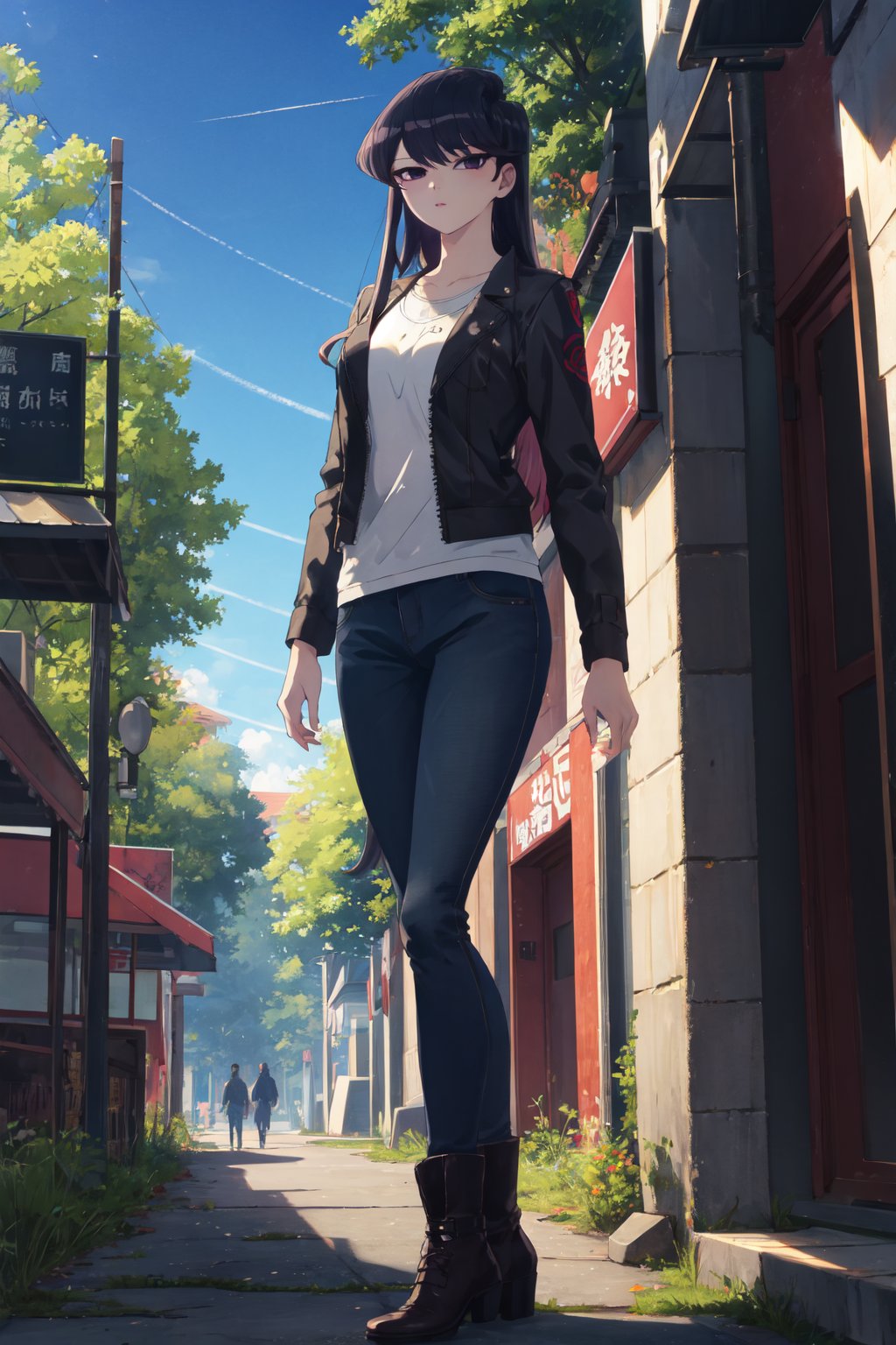 <lora:Shouko-000010:0.8>,Shouko CYQL,1girl,solo,looking at viewer,long hair,black hair,black eyes,(Leather_jacket:1.4),(Black_skinny_jeans:1.3),(Ankle_boots:1.2),(Street_coffee_shop_background:1.3),seductive_smile,profile,Sequoias, Ancient trees, Mossy trunks, Forest floor, Silence, Nature's cathedral, Hiking,(Bee balm, Coneflowers, Wild grasses, Beehives, Pollinators, Buzzing activity:0.5),beautiful detailed sky,beautiful detailed glow,posing in front of a colorful and dynamic background,masterpiece,best quality,beautiful and aesthetic,contrapposto,female focus,wallpaper,