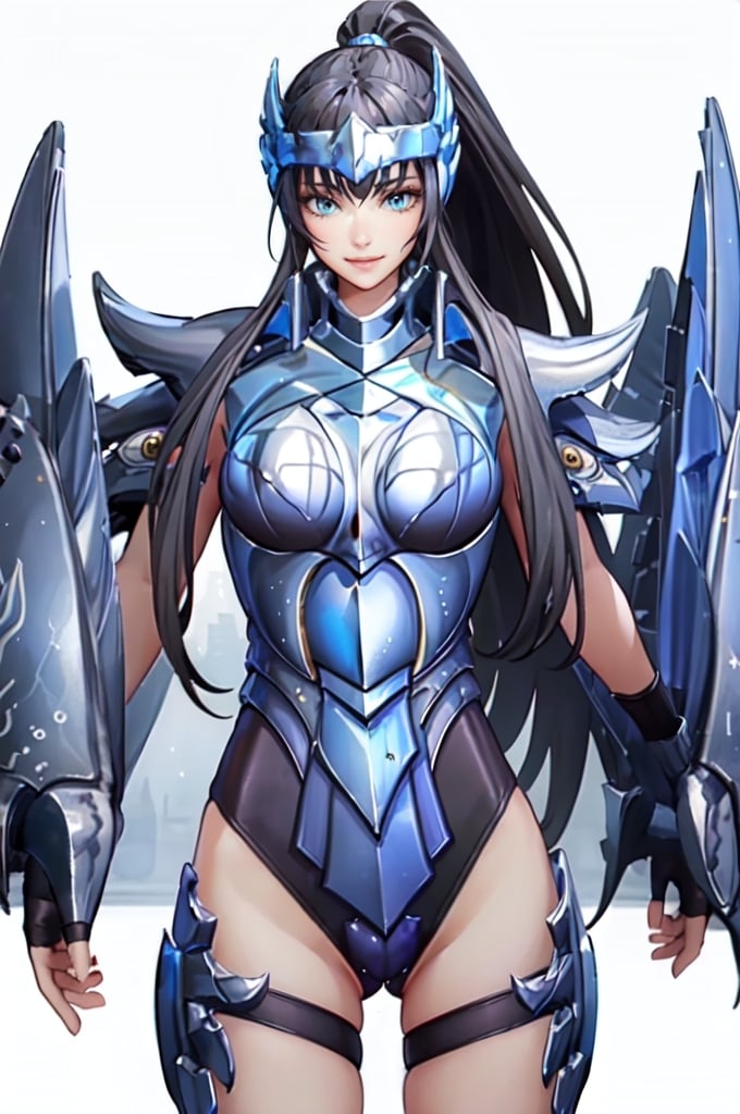 smile,  (cowboy shot:1.4), partita, 1milf, solo, black hair, boots, long hair, armor, boots, armored boots, leotard, shoulder armor, breasts, very long hair, pauldrons,  ponytail, gloves, gauntlets, thigh strap,  Headwear, beautiful background, masterpiece, best quality, highres, <lora:partita-05:1> 