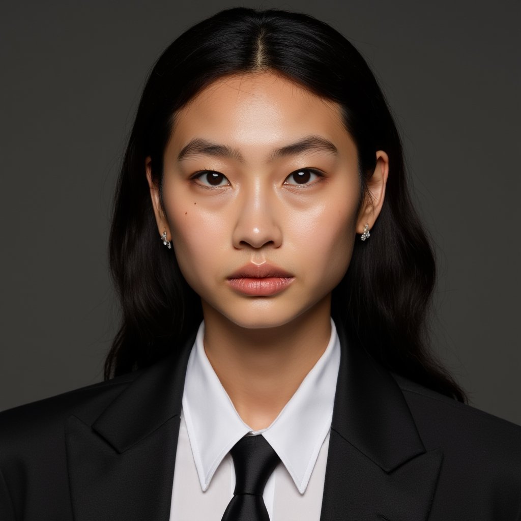 High quality passport photo of a woman wearing a suit and tie looking directly at the camera with her mouth closed and a neutral expression. She is also wearing a delicate gold chain and some understated diamond earrings. , <lora:hoyeon_local_flux_1_standard-000033:1>