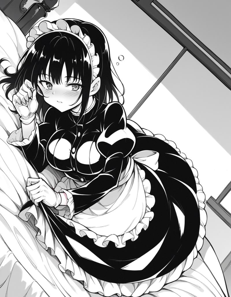 score_9, score_8_up, score_7_up, source_anime,tsubakirurikawa, <lora:tsubaki-rurikawa-manga-ponyxl-lora-nochekaiser:1>,tsubaki rurikawa, bangs, large breasts, monochrome, greyscale,skirt, gloves, long sleeves, dress, frills, puffy sleeves, white gloves, apron, maid, maid headdress, juliet sleeves, maid apron,indoors, bed, bed room, on side, blush, drunk,looking at viewer, solo, cowboy shot, dutch angle,