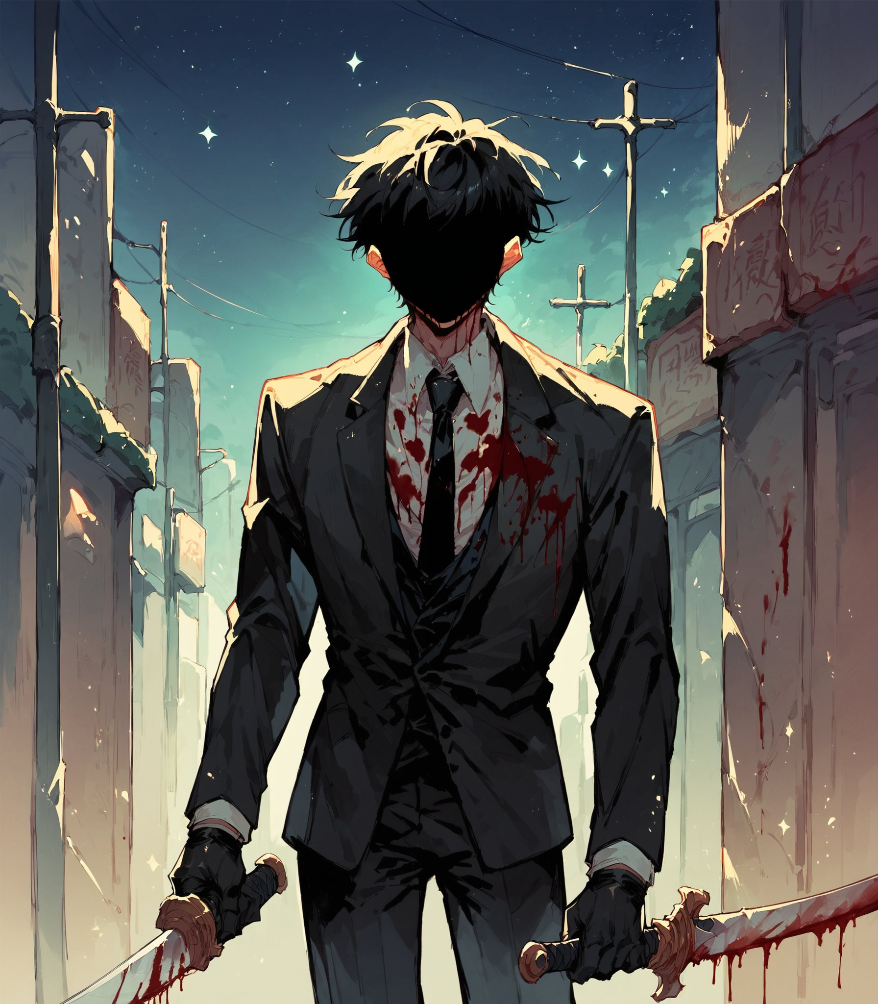 (score_9, score_8_up, score_7_up), 1boy, solo, black hair, short hair, black fluid face, suit, (black suit), black necktie, black gloves, blood on clothes, blood, holding, holding weapon, sword, standing, cowboy shot, street, night, starry sky, <lora:black_fluid_face_ver1:1>