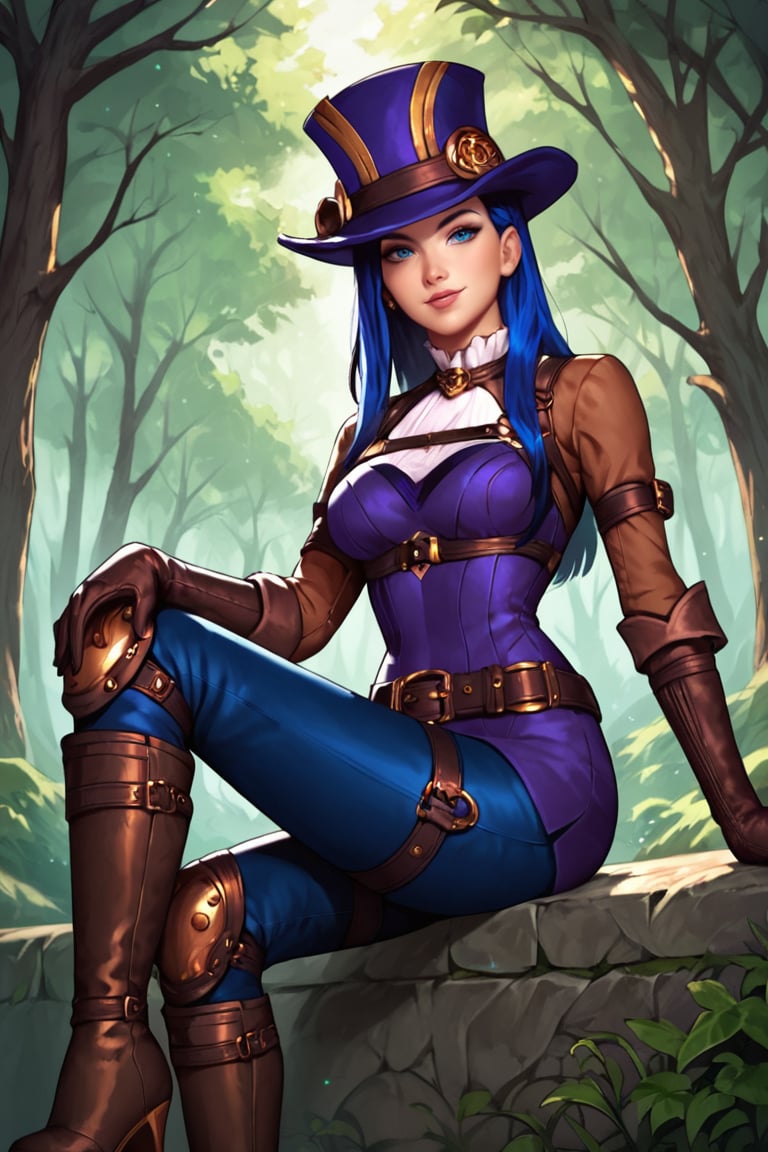 score_9, score_8_up, score_7_up, score_6_up, score_5_up, score_4_up, CaitlynLoLXL, blue eyes, blue hair, long hair, purple hat, hat ornament, medium breasts, purple dress, (brown medium sleeve:1.3), brown glove, harness, blue pants, belt, knee pad, high boots, sitting, dynamic pose, seductive smile, looking at viewer, forest, tree <lora:CaitlynLoLXL:0.7>