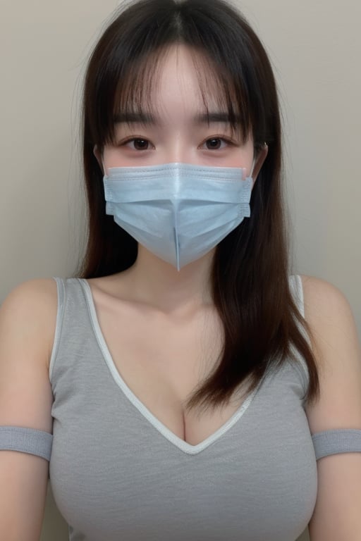 1girl,large breasts,collarbone,covered_mouth,gag,gagged,improvised_gag,long_hair,mask,large breasts,mouth_mask,realistic,shirt,solo,surgical_mask,tape,tape_gag,Sling, <lora:口罩少女肖像写真:0.9>