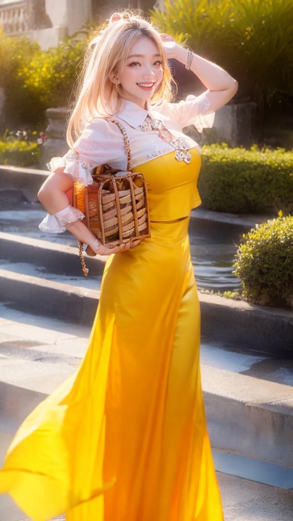 1girl, upper body, beautiful young woman, blonde, smiling, (in beautiful Ukrainian national costume of blue-yellow color), sunny day, botanical garden, realistic,Sugar babe ,Sohwa<lora:EMS-408575-EMS:1.400000>